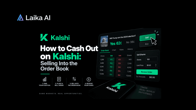 Kalshi cash out interface showing a prediction market position, sell order, current bid prices, available liquidity, contract quantity, and estimated payout