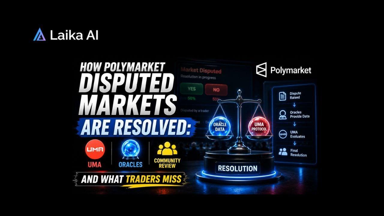 Visual guide to Polymarket dispute resolution, showing how UMA oracles, community voting, and settlement mechanisms determine outcomes for contested prediction markets.