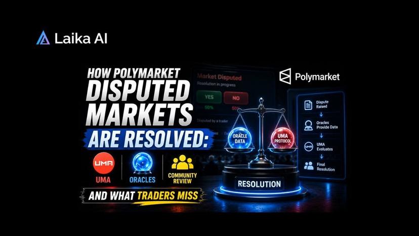Visual guide to Polymarket dispute resolution, showing how UMA oracles, community voting, and settlement mechanisms determine outcomes for contested prediction markets.