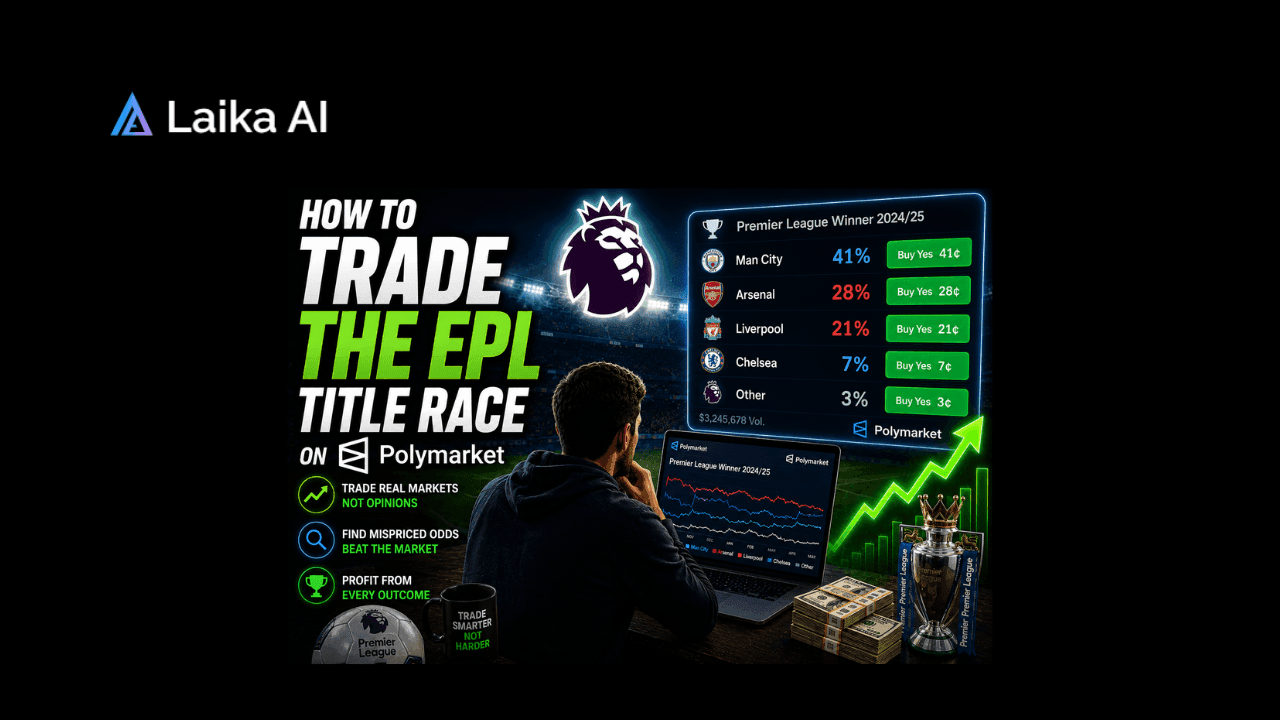 Premier League prediction market dashboard on Polymarket displaying EPL title race odds, live market prices, trading volume, and championship probability for the 2026 season.