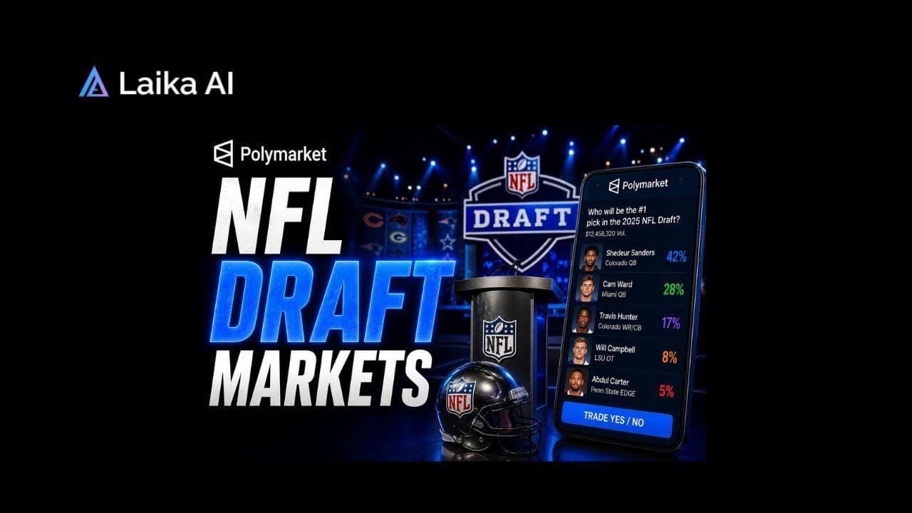 Polymarket NFL Draft market showing first overall pick odds, draft position contracts, team selection predictions, and real-time NFL Draft trading activity.