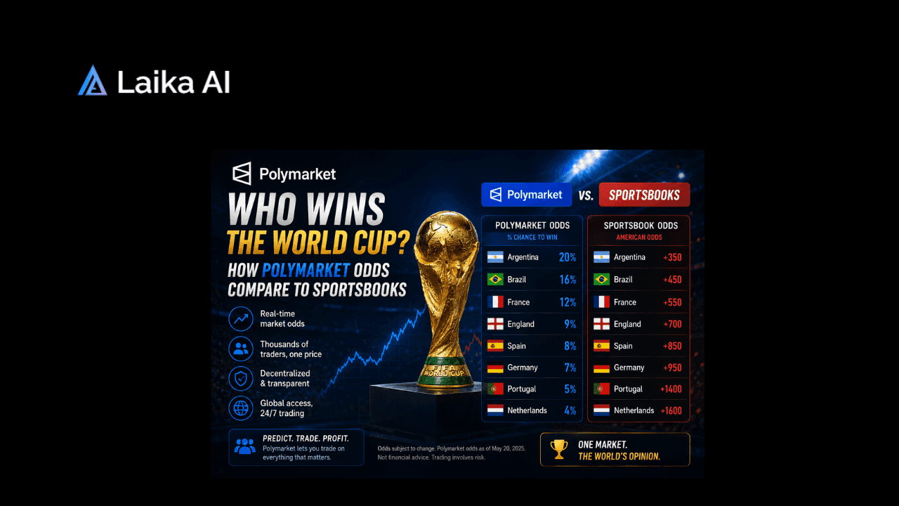 Polymarket World Cup 2026 market comparing championship odds with sportsbooks, showing team probabilities, betting lines, and prediction market pricing.  