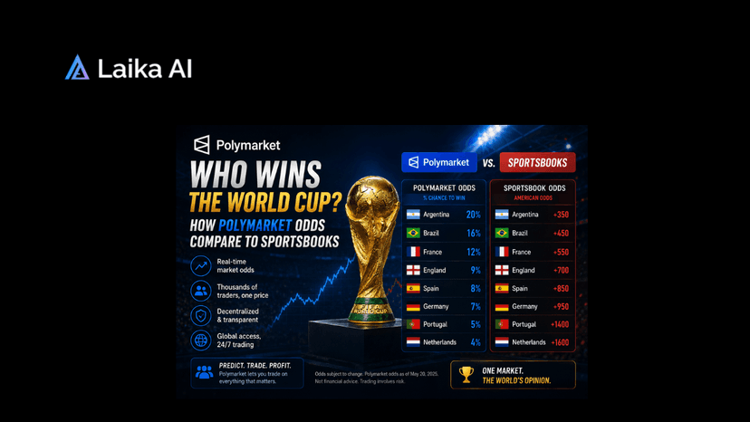 Polymarket World Cup 2026 market comparing championship odds with sportsbooks, showing team probabilities, betting lines, and prediction market pricing.  