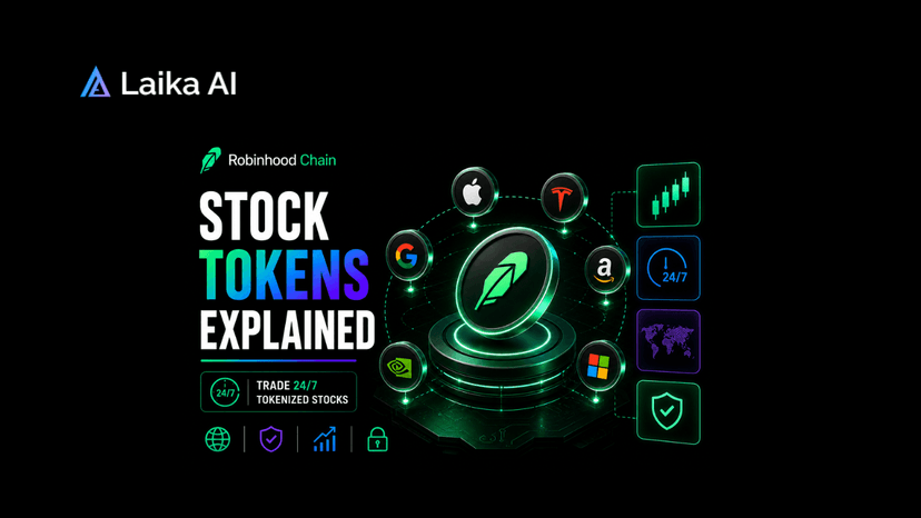 Robinhood app displaying tokenized stocks on Robinhood Chain with 24/7 trading, blockchain settlement, and a list of supported stock tokens.