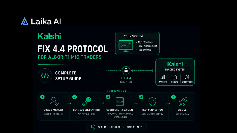 Kalshi FIX 4.4 trading interface showing algorithmic order routing, FIX protocol connectivity, RSA authentication, API integration, WebSocket market data, and automated trading infrastructure.