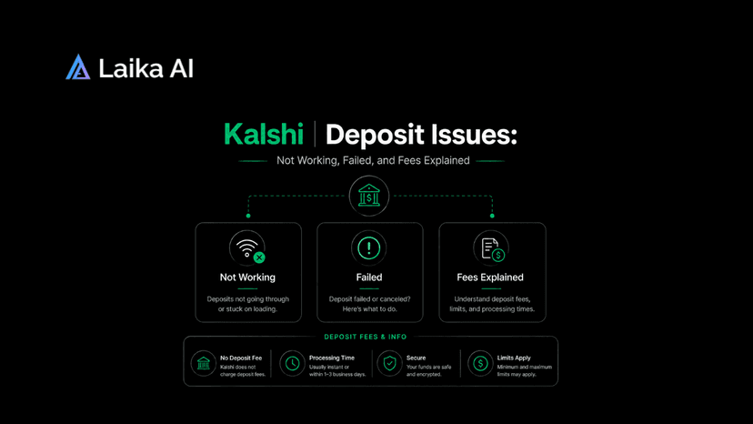 Kalshi deposit page displaying bank account funding options, deposit status, payment methods, minimum deposit requirements, limits, fees, and common deposit error messages such as failed or declined transactions.