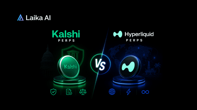 Comparison of Kalshi and Hyperliquid showing regulated event contracts versus offshore crypto perpetual futures, including trading fees, leverage, legal status, and platform features.