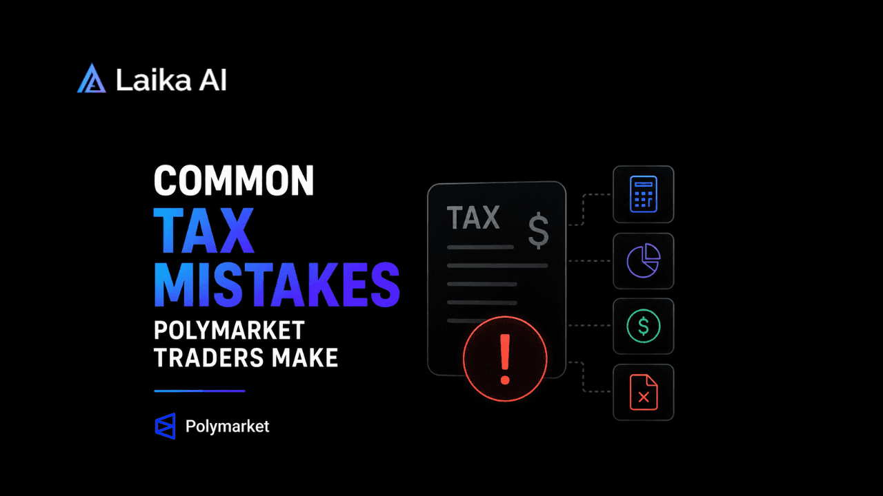 Illustration of Polymarket trade history, tax records, and crypto transactions highlighting common tax reporting mistakes prediction market traders should avoid.