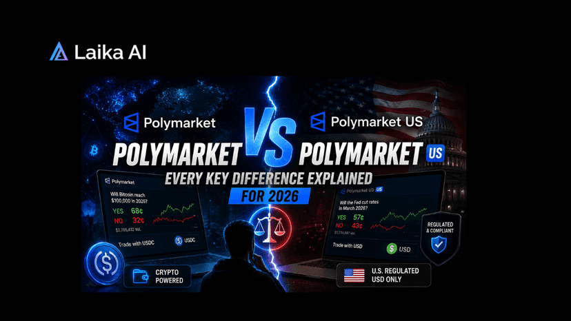 Comparison of Polymarket and Polymarket US interfaces highlighting differences in available markets, regulations, supported users, and trading features in 2026.