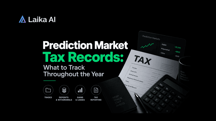Prediction market tax records showing trading activity, transaction history, profits, losses, fees, and tax documents to track throughout the year.