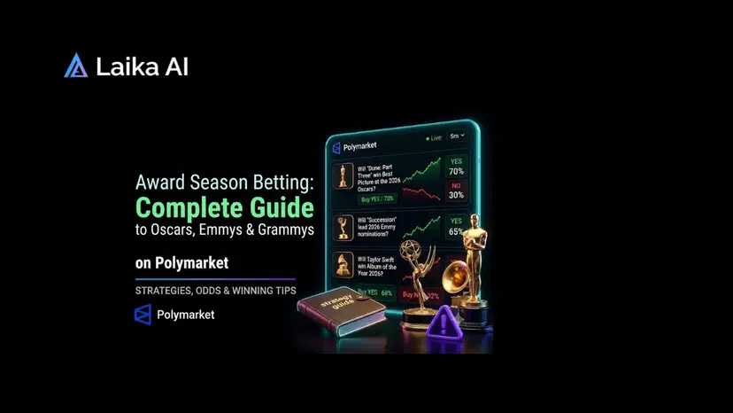 Entertainment prediction market dashboard featuring Oscars, Emmys, and Grammy award markets, showing nominee odds, trading volume, and real-time probabilities for major award outcomes.