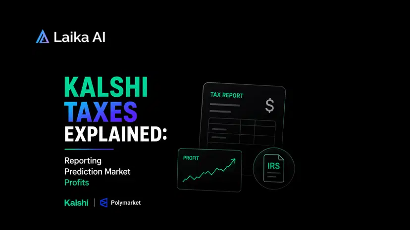 Tax reporting dashboard showing Kalshi prediction market trades, profit calculations, IRS tax forms, and transaction history for reporting prediction market income.